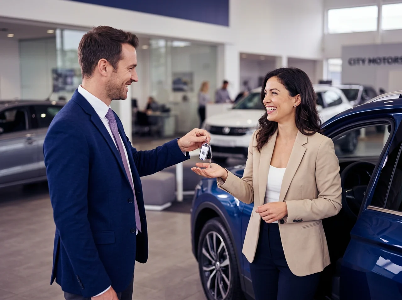Car dealership consultant handing keys to a happy customer